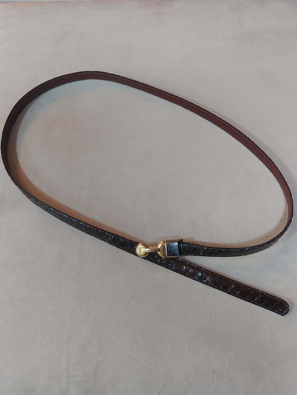 Women's Slim Brown Snake Leather Belt with Gold Accent. Size M,  Made in ITALY